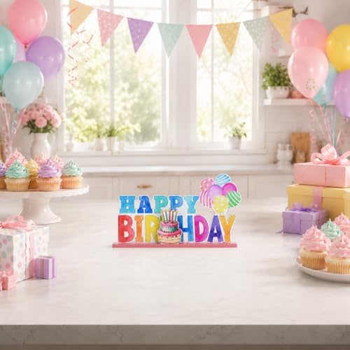 Smile Birthday Wooden Standing Decor Set, Happy Birthday Balloon Cake Tiered Tray Tabletop Signs with Stands for Birthday Party Home Kitchen Shelf Decorations