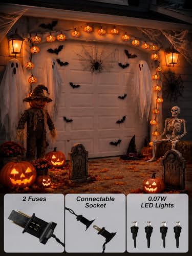 12FT 20 LED Outdoor Halloween Pumpkin String Lights Plug In, Waterproof