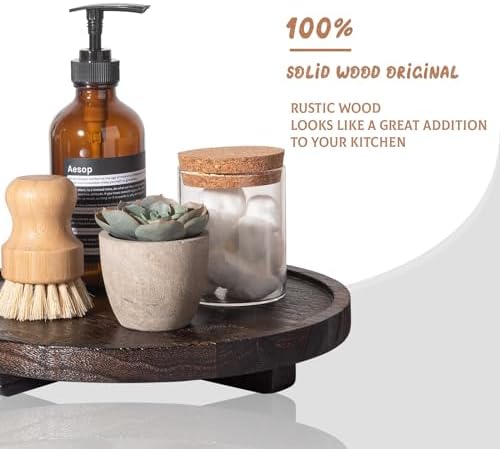 Round Decorative Tray Wood Bathroom Counter Organizer Farmhouse Kitchen / Dark Brown / Set of 10