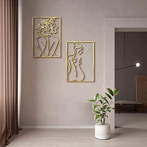 Glamativity Large 4 Pack Gold Wall Art Décor, Minimalist Décor Single Line Art Wall Décor, Real Metal Wall Art, Woman's