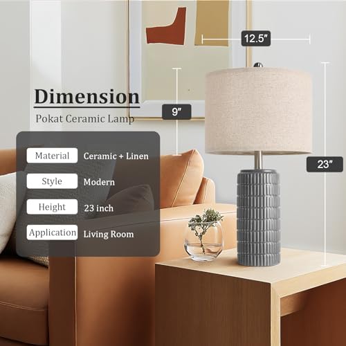 PoKat 23" Ceramic Dark Gray Table Lamps Set of 2 for Living Room, Modern Bedside Lamps for Bedroom, Farmhouse