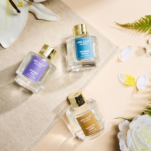 Airkeep Reed Diffuser Set of 3, Cinnamon Vanilla Lavender Field Moroccan Amber Oil Reed Diffusers for Bedroom Living
