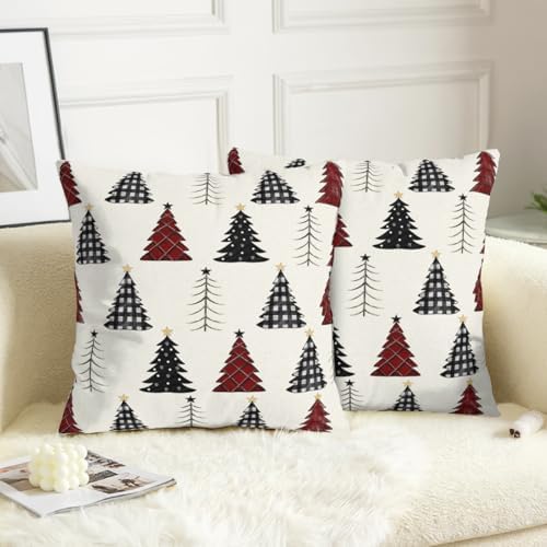 Buffalo Plaid Christmas Tree Pillow Covers 22x22 Set of 2 Red Black and White Xmas Decorative Outdoor Throw Pillow Cases Seasonal Farmhouse Cushion Case Winter Holiday Decor for Sofa Couch