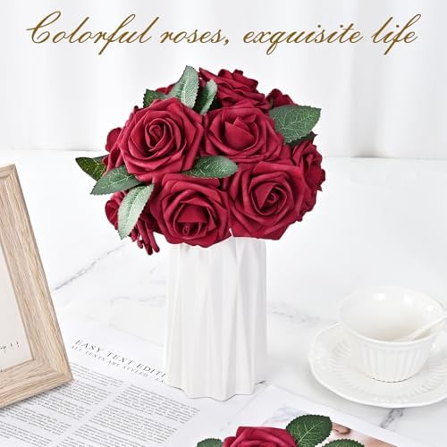 BLEUM CADE 16Pcs Artificial Flowers Fake Foam Roses with Stems for Wedding