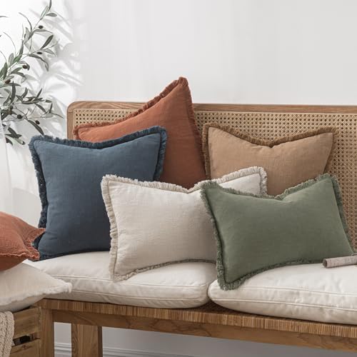 MIULEE Linen Fringe Decorative Euro Throw Pillow Covers Indigo Blue 24x24