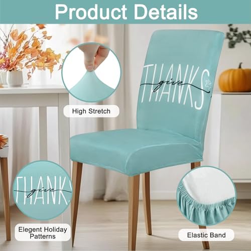 4 Pcs Fall Chair Covers for Dining Room, Thanksgiving Stretch Removable Dining Chair Cover Set of 4, Autumn Blue Pumpkin Chair Slipcovers Seat Protector for Fall Restaurant Decor