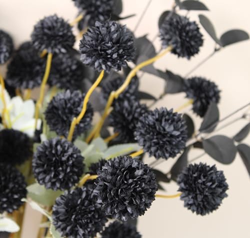 12 Black Artificial Flowers & Eucalyptus Long Stems, Halloween Decor