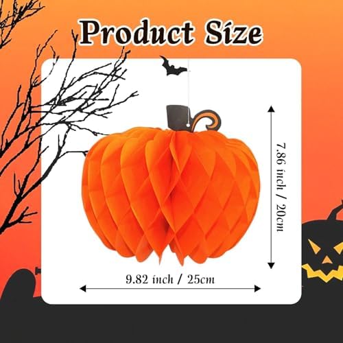12 Pcs 10 Inch Hanging Pumpkin Shaped Honeycomb Centerpiece with String, Large Autumn Tissue Ball Table Decoration for Halloween Thanksgiving Party Supplies
