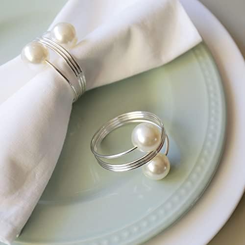 wonlex Pearl Napkin Rings Set of 12, Silver Napkin Ring Pearls for Easter, Thanksgiving Day, Christmas, Birthday Party and Table (Pearls - Silver)