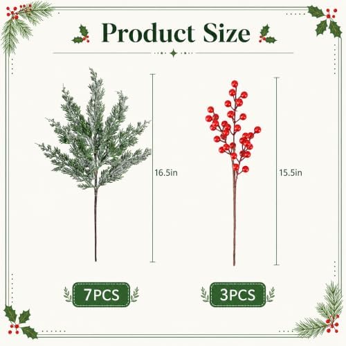 10 Pcs 16''Large Christmas Snow Pine Branches with Red Berries