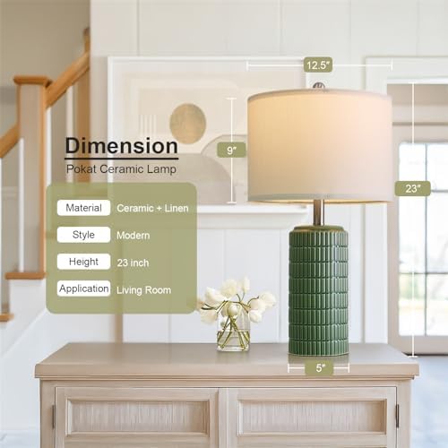 PoKat 23" Dark Green Ceramic Table Lamps Set of 2, Modern Table Lamps for Living Room, Farmhouse Lamps for Bedroom