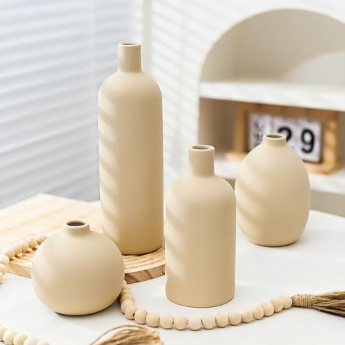 Ceramic Vase / Rustic Farmhouse Decorative Flowers Vases for Bouquet / Beige / Set of 4