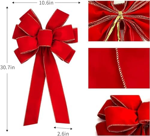 8 Pcs Large Christmas Bow, 31" x 11" Golden Edged Red Velvet Wreath Bow