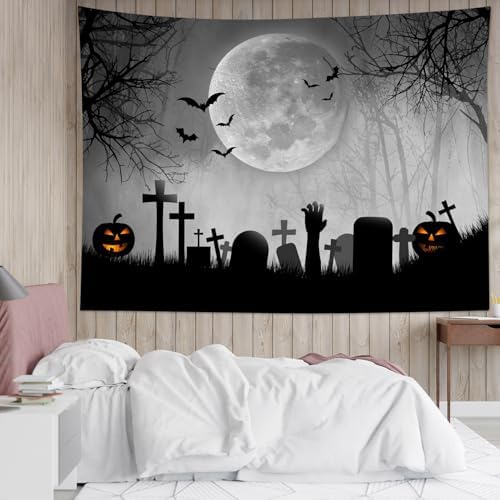 LB Halloween Tapestry Horror Black Bat Pumpkin and Cemetery in Misty Forest Wall Tapestry for Bedroom Spooky Full Moon Wall Art for Living Room Decor, 60 x 40 Inches