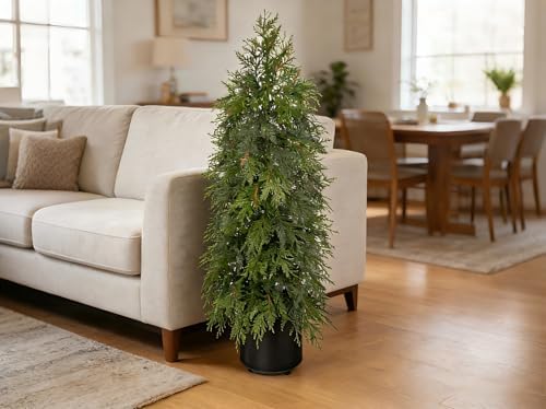 3FT Artificial Cedar Topiary Tree, Real Touch Fake Cedar Topiary Tree Potted Plants for Home Office Front Porch Garden Entryway Indoor Outdoor Evergreen Decor