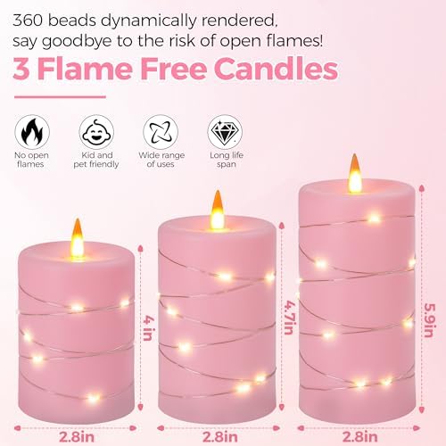 Rose Pink Flameless Candles with String Lights Battery Operated Flickering LED Pillar Candles with Remote Control Timer, Set of 3 for Living Room, Table Décor, Christmas Weddings