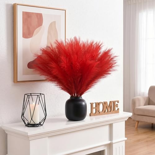 obbsie 50PCS Red Faux Pampas Grass Decor, 21.6" Fluffy Vase Filler