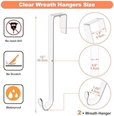 12" Clear Wreath Hangers for Front Door, 2 Pack Over Door Hooks Non-Scratch