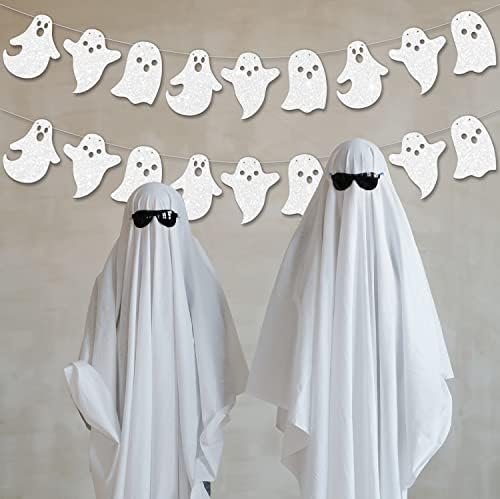 2 Pack Glittery Halloween Hanging Ghost Banners Halloween Party White Ghost Garland Party Banner for Haunted Houses Home Decorations Supplies White