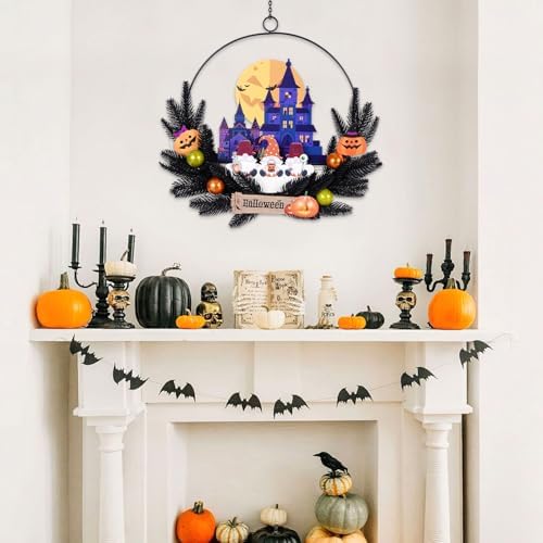 Pre-Lit Halloween Wreath for Front Door, Lighted Dwarf with 6H On/18H Off