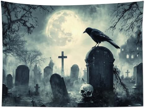 HVEST Halloween Tapestry Wall Hanging Horror Tombstone and Scary Skull in Cemetery Wall Art Spooky Dead Tree and Crow under Full Moon Tapestry for Bedroom Living Room Dorm Wall Decor, 40L X 60W inches