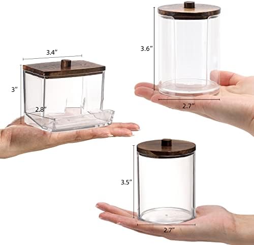 Tbestmax Bathroom Organizer Accessories Set-10 OZ Qtips Holder Storage with Wood Lids, Cotton Ball/Swabs Dispenser