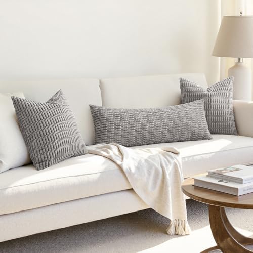 MIULEE Lumbar Corduroy Throw Pillow Cover for Bed 14x36 Light Grey Set of 1