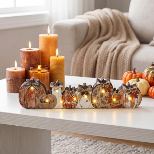 Yousoontic Fall Table Decorations, Light up Pumpkin Table Centerpieces Rustic Wooden Sign Decor with LED Lights 3D Block Pumpkin Decor for Autumn Thanksgiving Harvest Farmhouse Home Mantel Desk Party