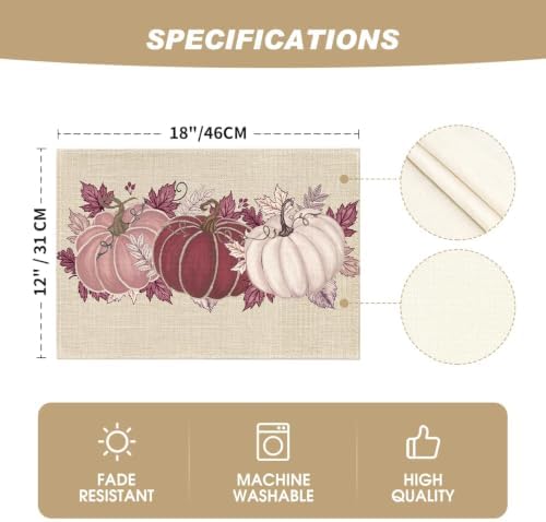 Artoid Mode Pink Pumpkin Leaves Fall Placemats Set of 4-12 x 18 Inch