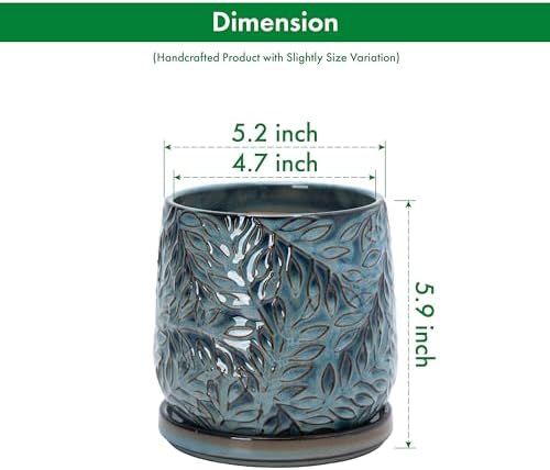 D'vine Dev Embossed Leaves Ceramic Planter, 5 in, Ocean Teal, 27-A-V-8