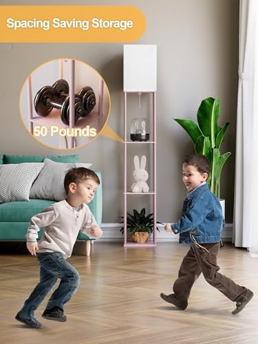 Pink Floor Lamp with Shelves for Living Room, Shelf Floor Lamp with 3 CCT LED Bulb, Corner Display Standing Column Lamp