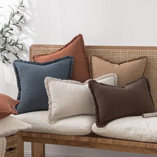 MIULEE Linen Fringe Decorative Fall Euro Pillow Covers Reddish Brown 24x24
