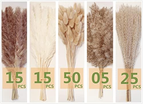 Natural Dried Pampas Grass Decor - 110 Pcs, Contains White Bunny Tails, Artificial Flowers for Bathroom, Office and