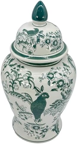 Galt International Veridian Parrot Floral Chinoiserie Ceramic Temple Jar 18" w/Lid - Ginger Jar Home & Kitchen Decor