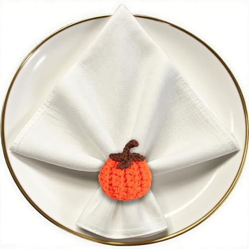 Set of 4 Pumpkin Napkin Rings, Fall Napkin Rings Thanksgiving Halloween Napkin Ring Holder, Handcrafted Crochet Napkin Holders for Thanksgiving Dinner Table Décor (4, Orange)