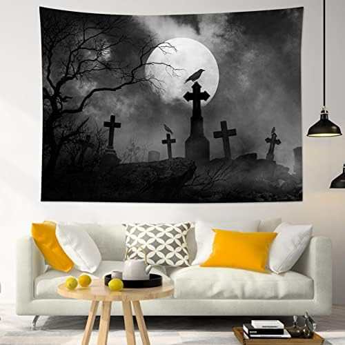 HVEST Halloween Tapestry for Bedroom, Black and White Spooky Forest Tapestry Wall Hanging Crow Full Moon Scary Halloween Wall Art for Living Room College Dorm Party Decor Backdrop,92.5W X 70.9H inches
