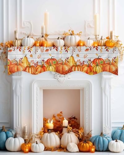 Fall Mantel Scarf for Fireplace, Red Orange Pumpkin Leaf Farmhouse Wood Plank Fireplace Cover Decorations Indoor Thanksgiving Mantel Top Scarf Runner for Seasonal Autumn Holiday Party, 17 x 70 Inch