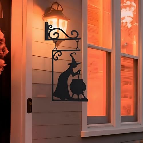 Metal Witch Silhouette Cauldron – Iron Halloween Wall Sign Hanging Art for Garden Decor, Scary Yard Ornaments, Party Supplies, Indoor Outdoor Decoration