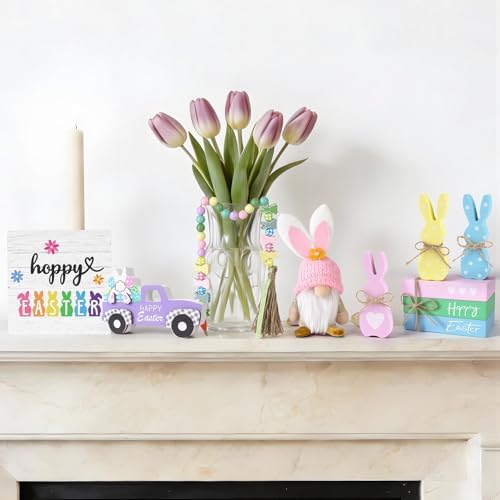 8PCS Easter Tiered Tray Decor, Spring Home Decor Set for Table,Wood with Bunny, Gnome, Truck, Happy Easter Sign & Accessories, Farmhouse Fireplace Mantle Decor, Home Kitchen Decorations Easter Gift Idea