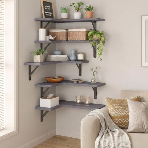 Fixwal Corner Floating Shelves Set of 5, Rustic Wood Wall Mounted Corner Shelf for Bathroom, Kitchen, Bedroom, Home