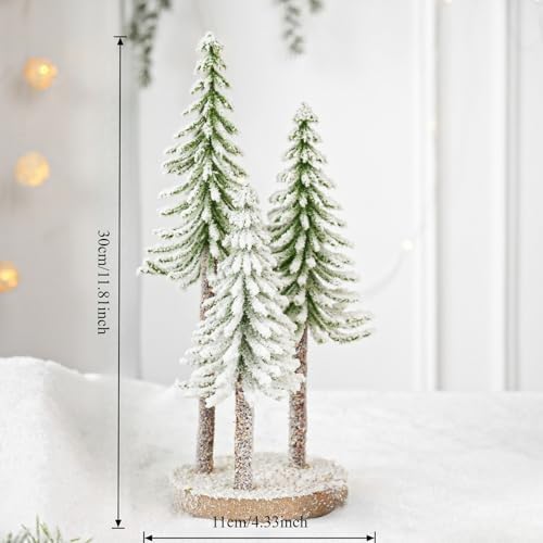 Mini Christmas Trees, Snow Frost Trees with Wood Base Bottle Brush Trees Plastic Winter Snow Ornaments Tabletop Artificial Trees for Christmas Party Home Decoration (D)