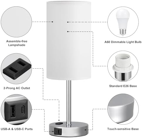 Fenmzee 17.4" White Lamp for Bedroom - Dimmable Touch, USB A+C, AC Outlet