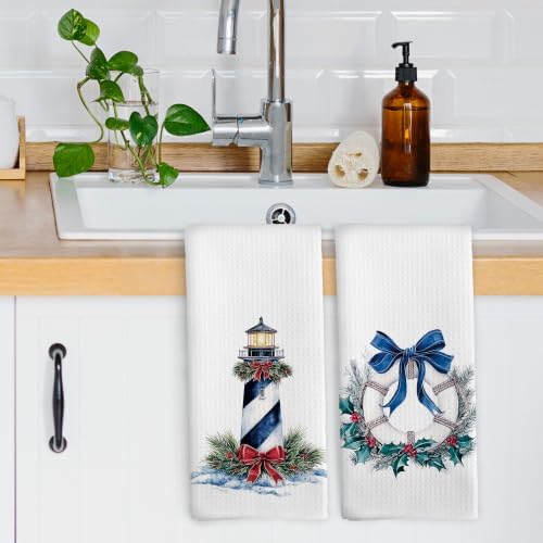 Coastal Nautical Christmas Kitchen Dish Towels 16x24, Set of 2