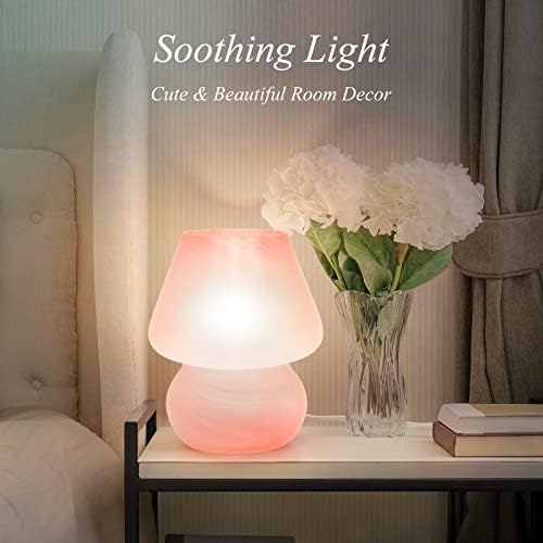 ONEWISH Mushroom Lamp Cute Table Lamp for Bedroom Nightstand Soft Light Pink, Small Glass Nightlight Stepless Dimmable
