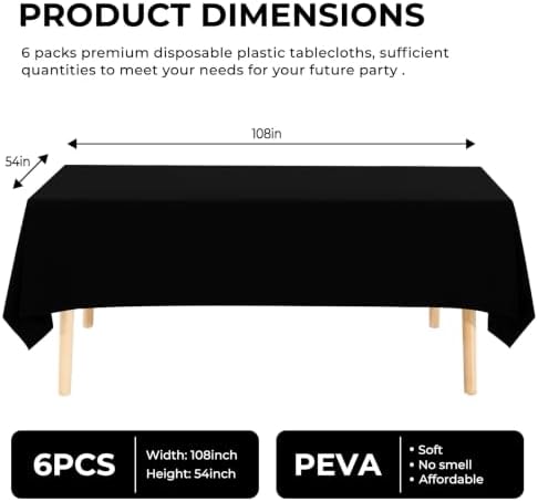 6 Pack Premium Disposable Plastic Tablecloth 54" x 108" Party Table Cloths Disposable for 6 to 8 Foot Tables Indoor or Outdoor Parties Birthdays Weddings Christmas Anniversary Buffet Table (Black)