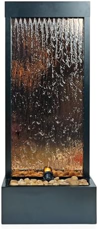 Alpine Corporation 48" Tall Indoor Modern Wall Mounted Zen Mirror Waterfall Floor Fountain with Stones and LED Lights