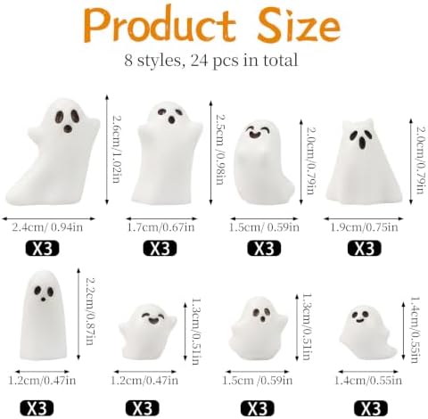 CCINEE 24 Pcs Halloween Mini Resin Ghost Figurines in 8 Styles, Matte Finish Spooky Whimsical Tabletop Decor for Halloween Party, Tiered Tray, Bowl Filler, and Seasonal Home Decoration