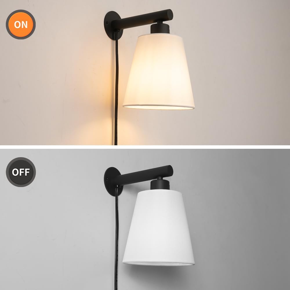 Plug in Wall Sconces Set of Two, Wall Lamp with Plug in Cord, Black Wall Sconce Light Plug in, Bedside Wall Mounted