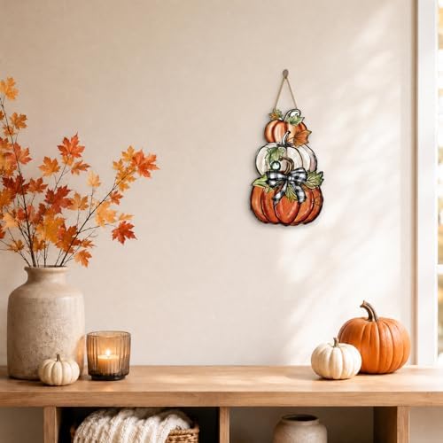 Smile Fall Wooden Door Hanger Stacked Pumpkins and Plaid Bow