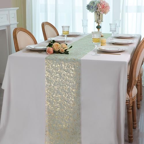 Snowkingdom Sage Green Gold Table Runner 2Pcs 108" Metallic Foil Sequin Glitter Thin Sheer Mesh Fabric Decorations for Wedding Birthday Christmas Party Centerpieces Reception Dining Home Holiday